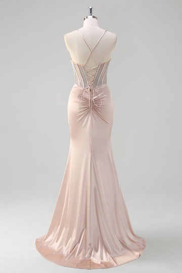 Blush Spaghetti Straps sirena corsetto perline lungo Abito da Cerimonia